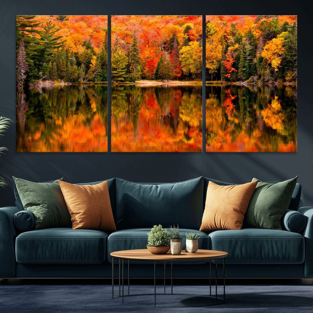 Forest Reflection Art | Autumn Forest Reflection Wall Art | Triptych Canvas Print