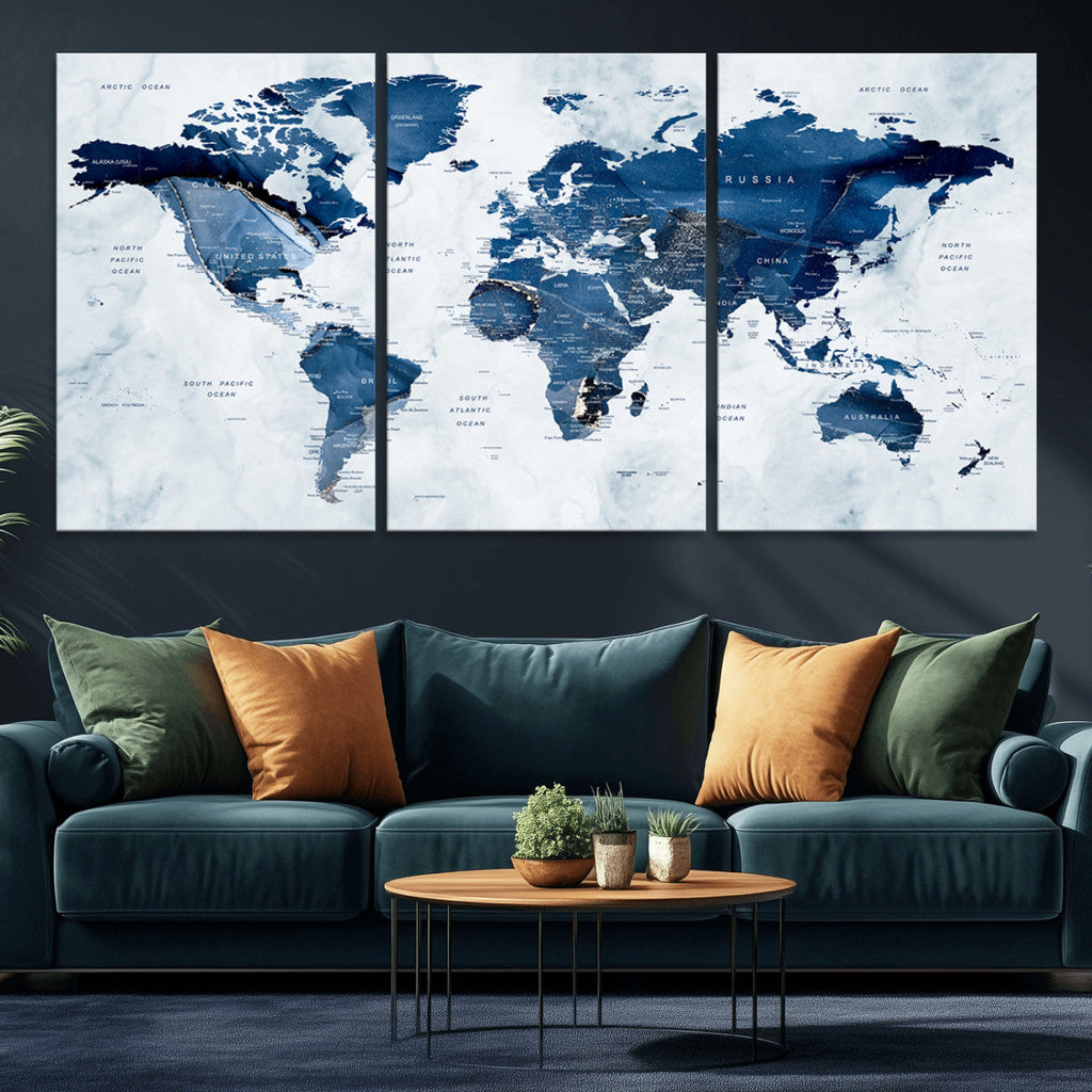 Modern Blue World Map Canvas Print | Elegant Travel Map Wall Art for Home Office