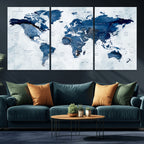 Modern Blue World Map Canvas Print | Elegant Travel Map Wall Art for Home Office