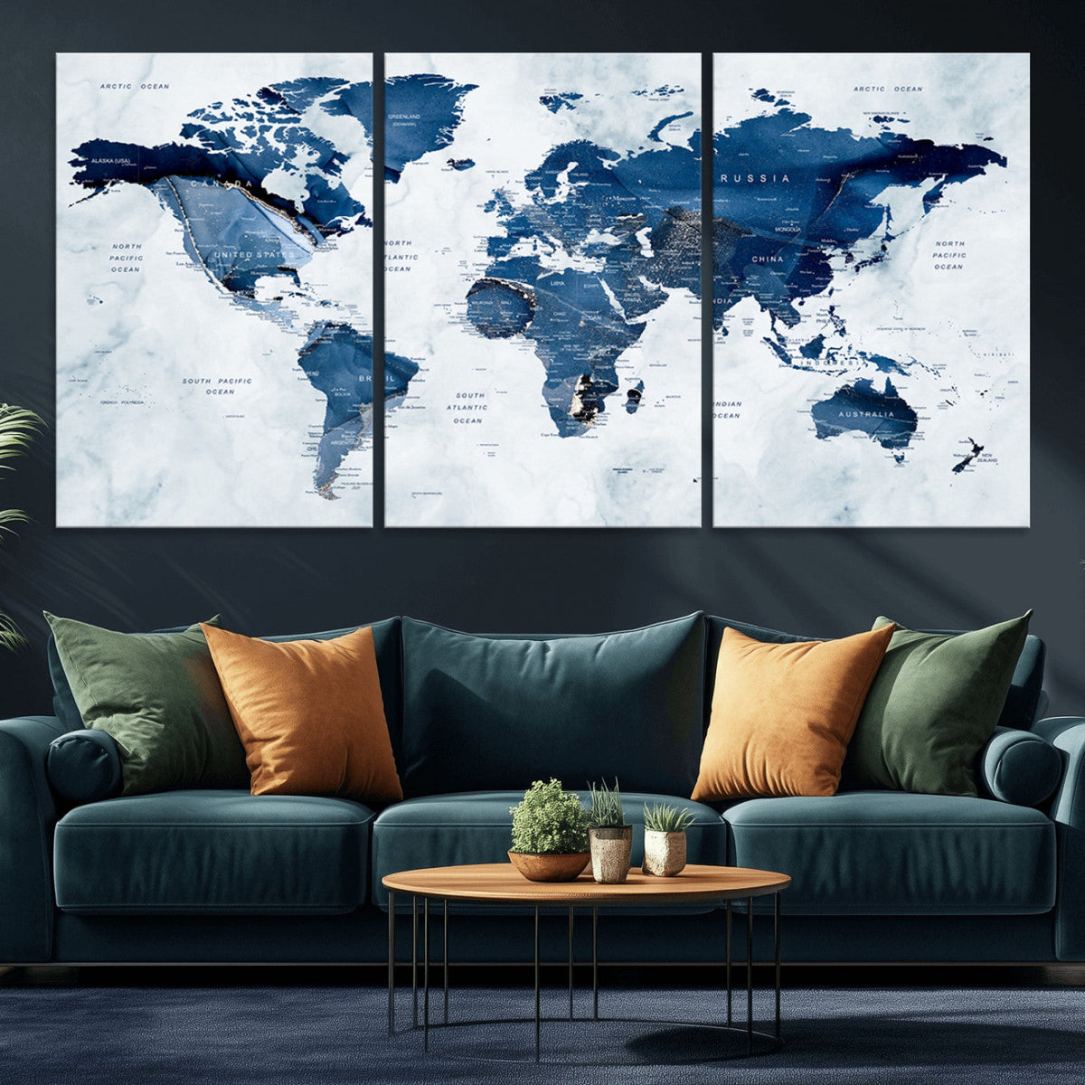 Modern Blue World Map Canvas Print | Elegant Travel Map Wall Art for Home Office