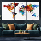 Colorful World Map Canvas Wall Art Print, Contemporary Global Map Artwork