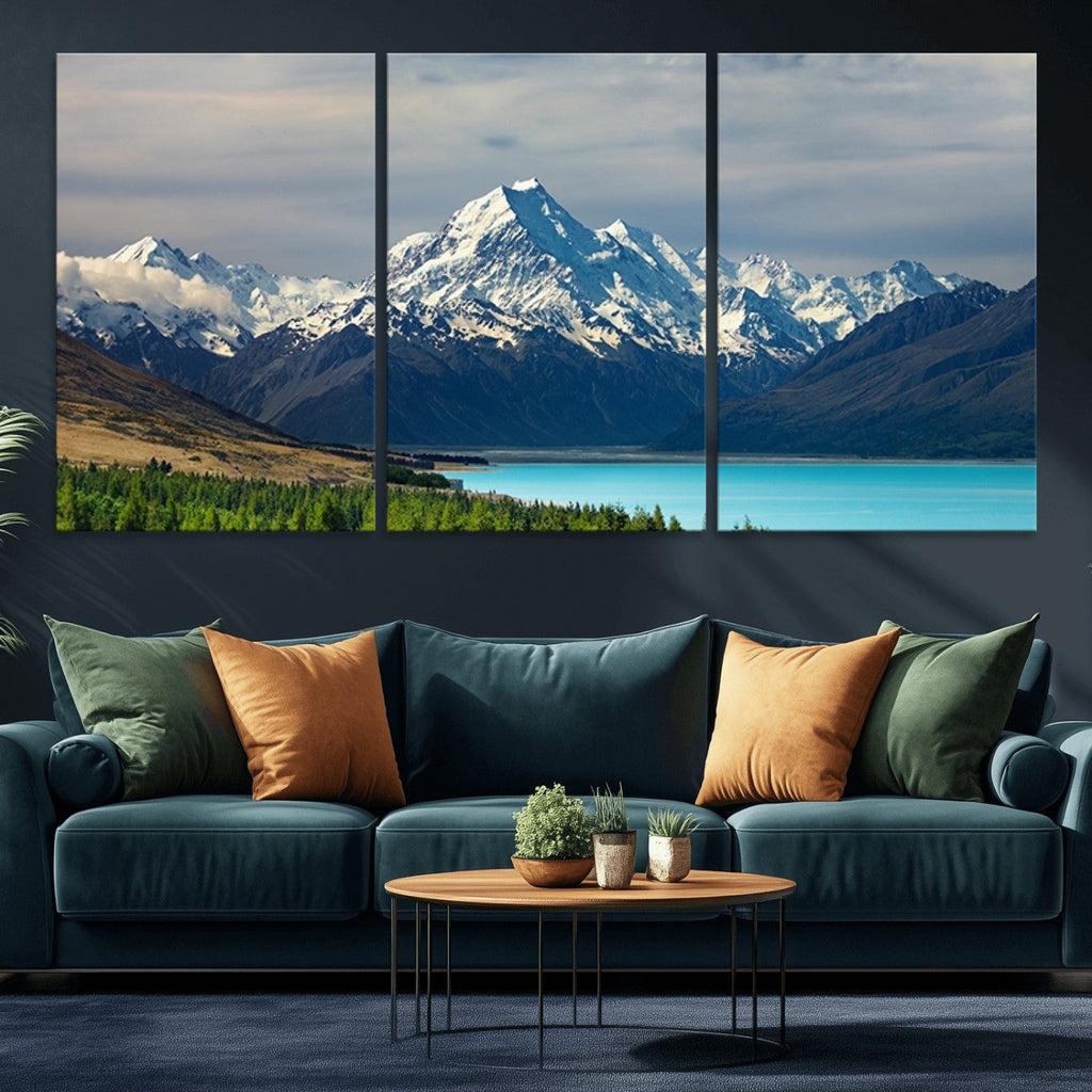 Mount Cook and Lake Pukaki Canvas Wall Art Print | Majestic Snow Capped Peaks