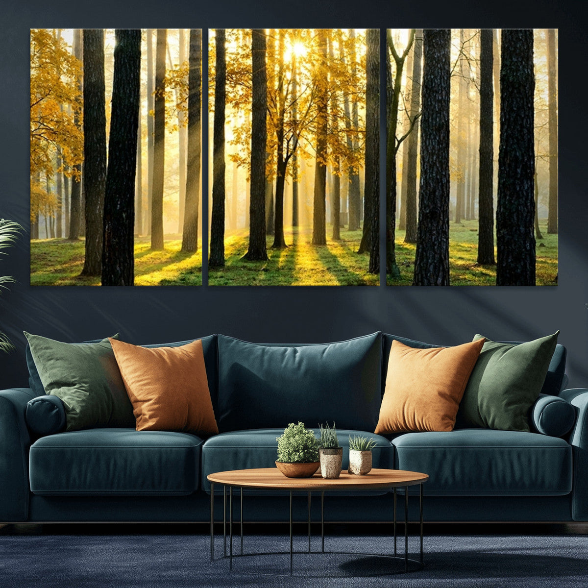 Sunlit Forest Wall Art Canvas Print, Large Framed Woodland Scene with Golden Light