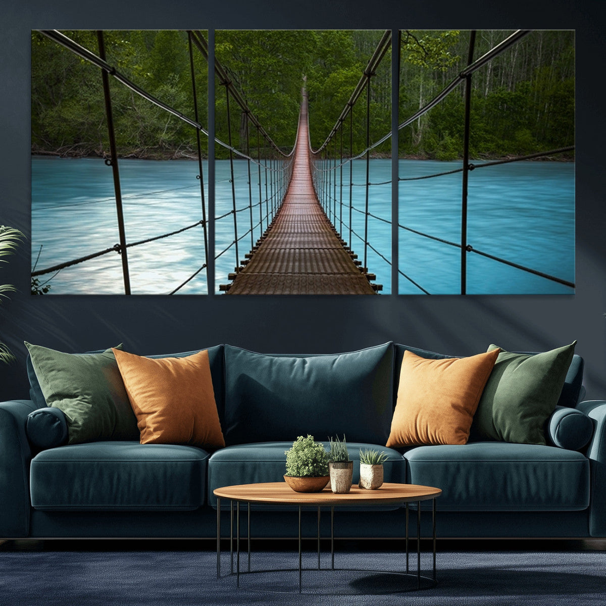Suspension Bridge Over River Canvas Art | 3-Panel Nature Wall Art