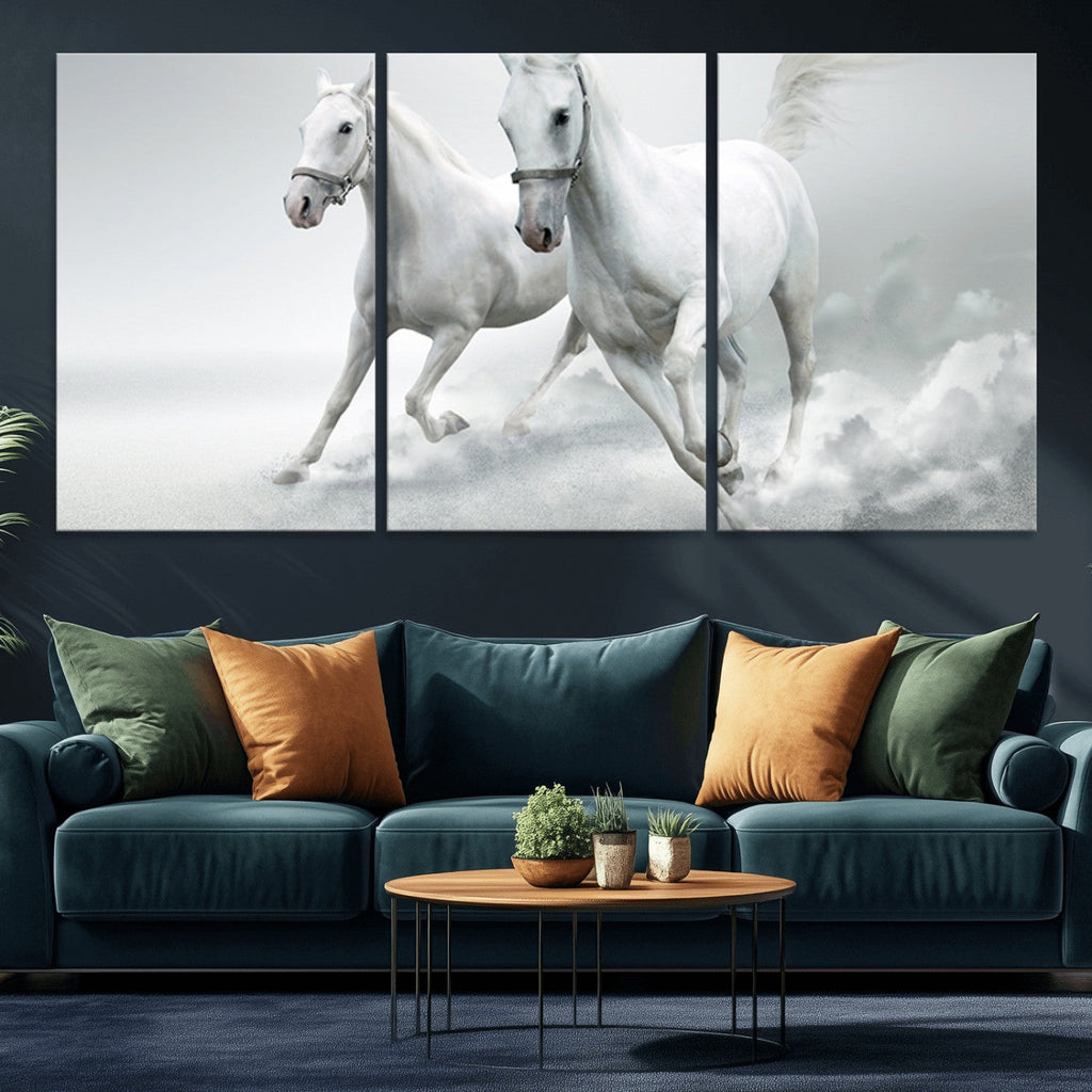 Large Wall Art Canvas Print, Beautiful Running White Horses