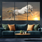 Large Wall Art Canvas Print, White Jumping Horse at Sunset