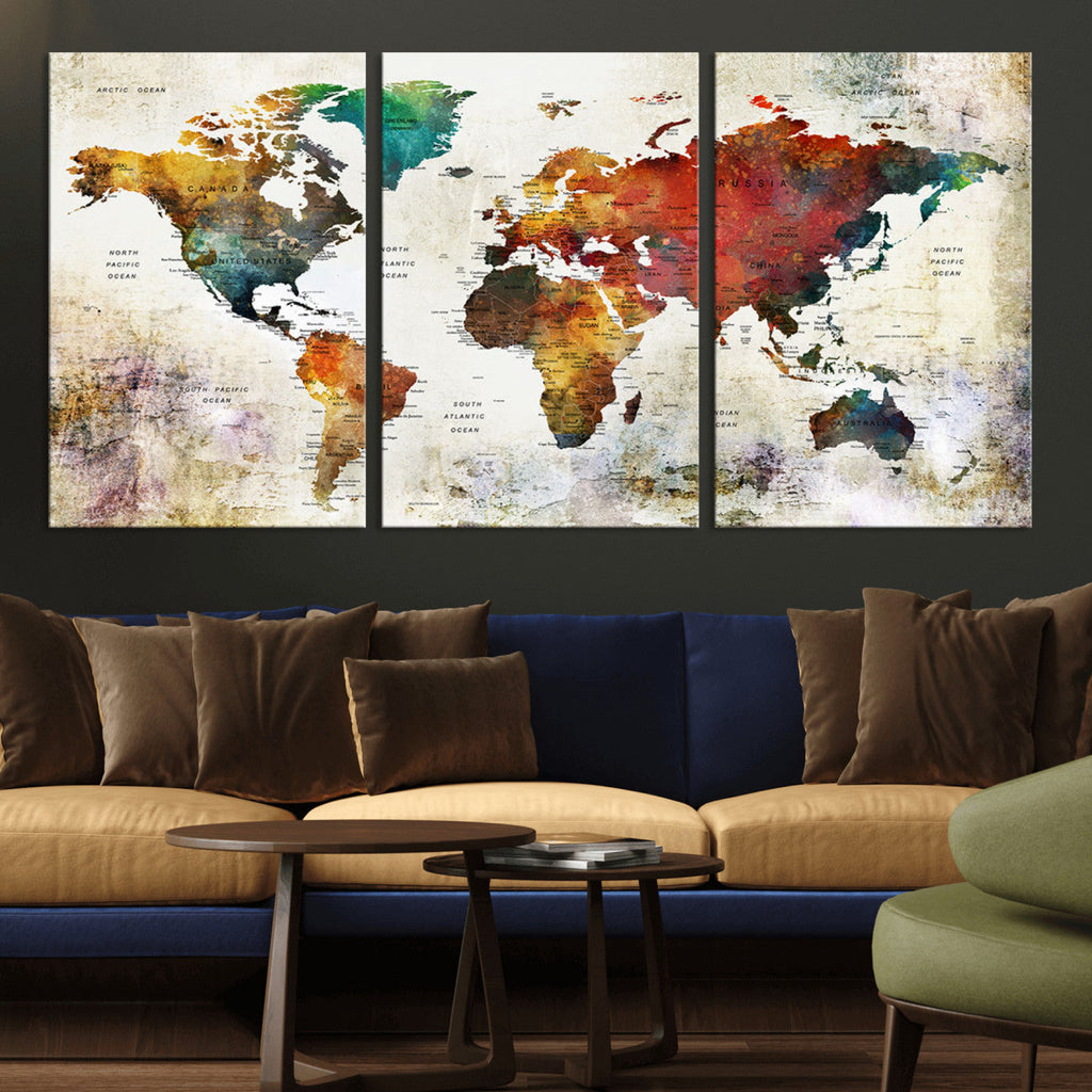 Watercolor World Map Canvas Print | Framed Travel Map Wall Art for Couples
