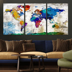Navy Blue and Orange Watercolor World Map Canvas Print | Framed Travel Map