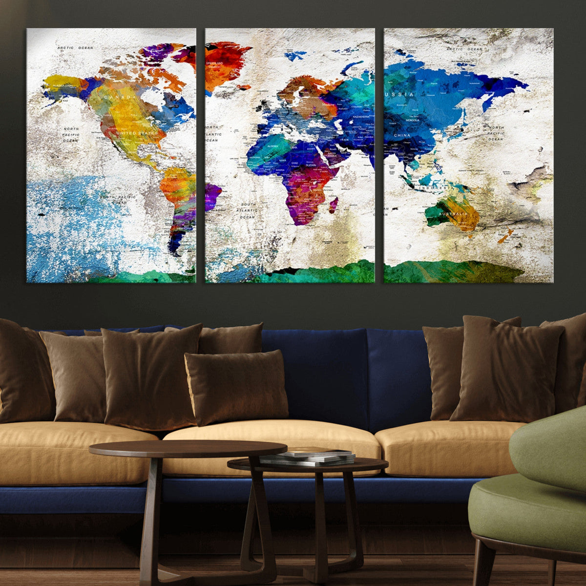 Navy Blue and Orange Watercolor World Map Canvas Print | Framed Travel Map