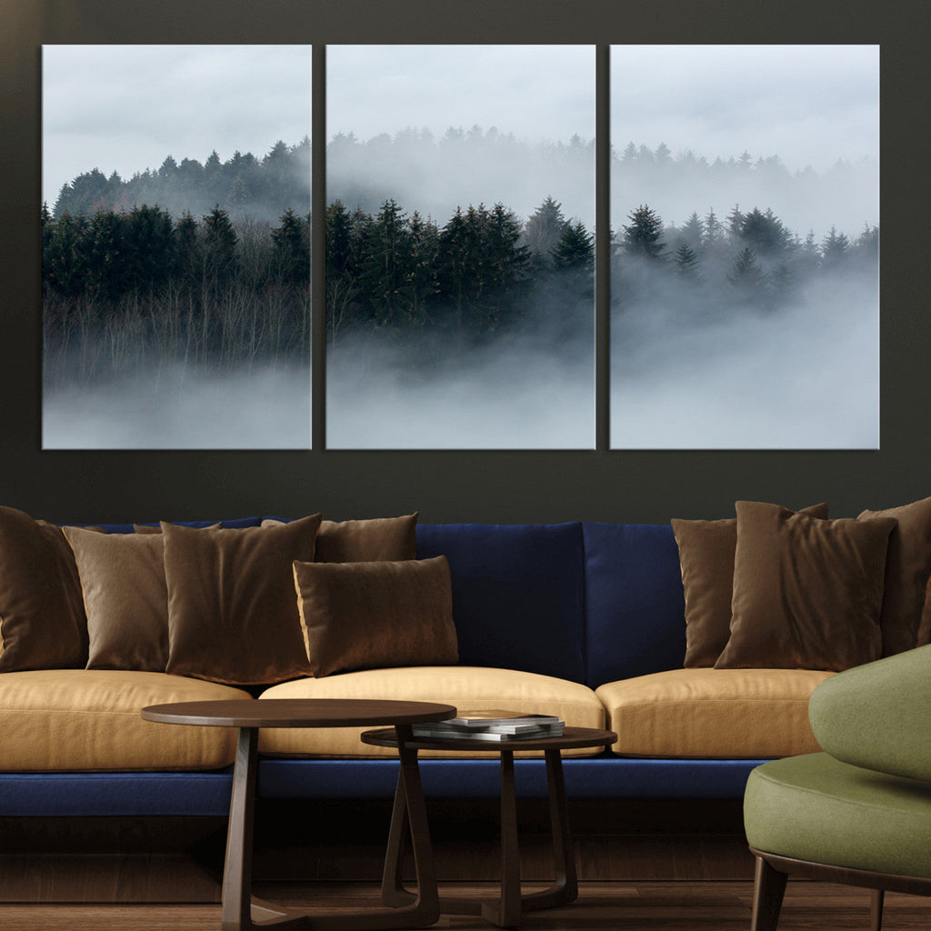 Autumn and Misty Trees in the Forest Wall Art Canvas Print, Foggy Forest Mountain Wall Art