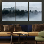 Autumn and Misty Trees in the Forest Wall Art Canvas Print, Foggy Forest Mountain Wall Art