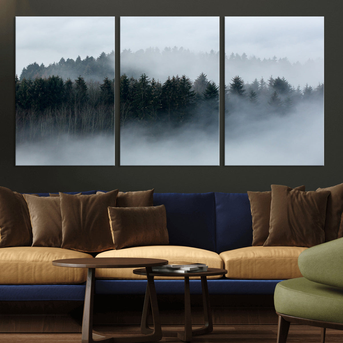 Autumn and Misty Trees in the Forest Wall Art Canvas Print, Foggy Forest Mountain Wall Art