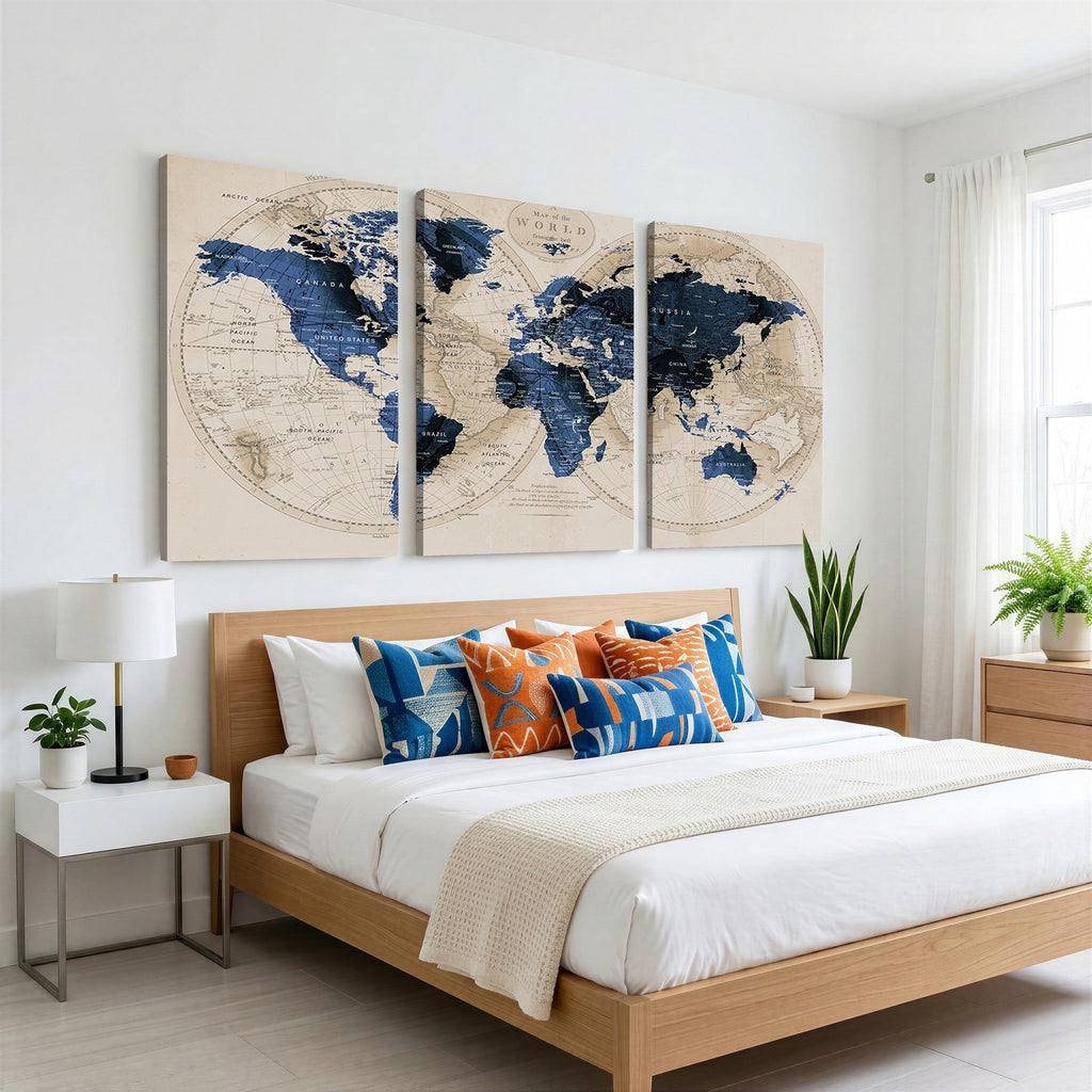 Vintage Blue World Map Canvas Wall Art | Antique Style Framed Map Print