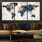 Abstract Earth Tone Blue World Map Canvas Print | Framed Travel Map Wall Art