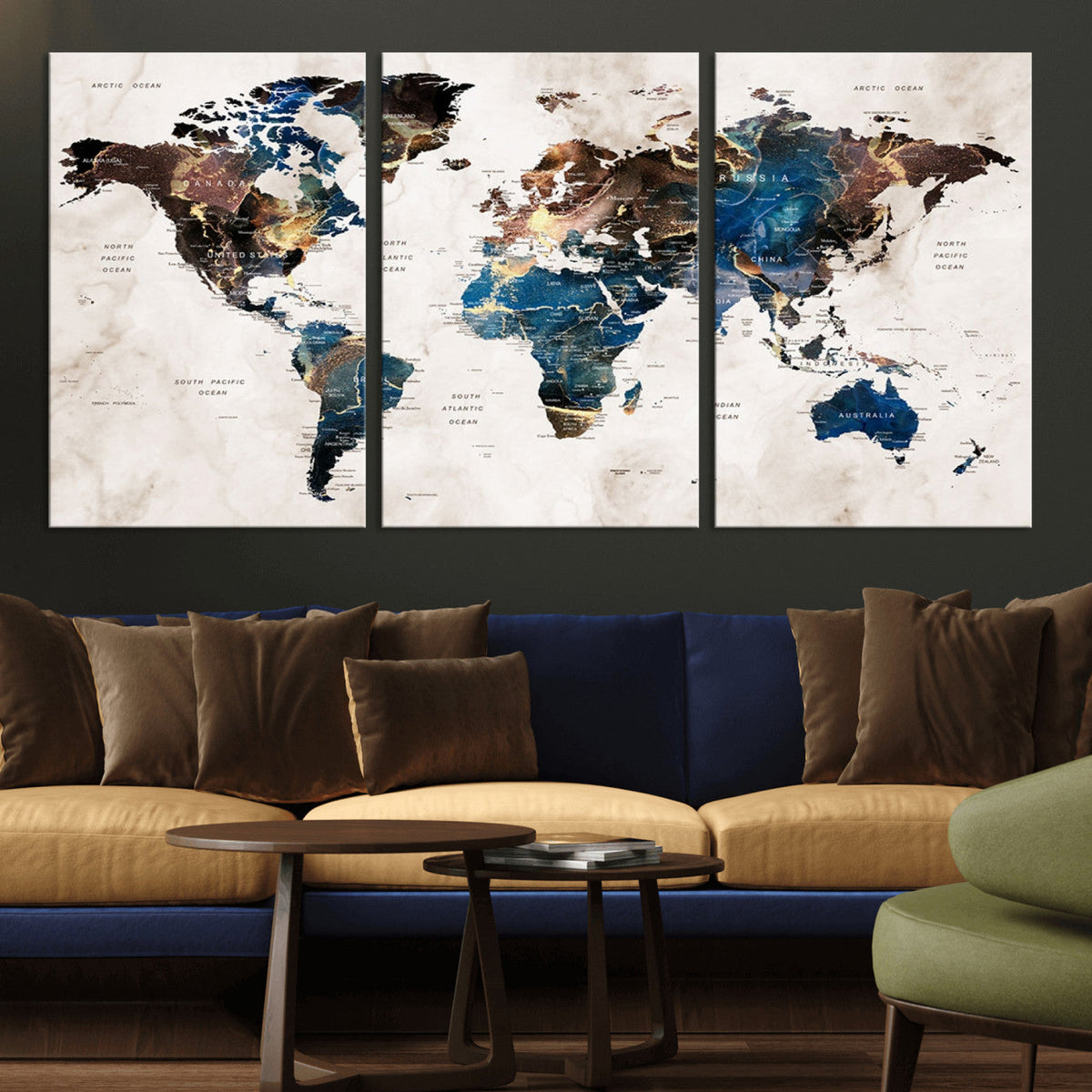 Abstract Earth Tone Blue World Map Canvas Print | Framed Travel Map Wall Art