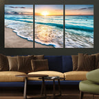 Sunset Beach Waves Canvas Wall Art | Ocean Sunset Coastal Print