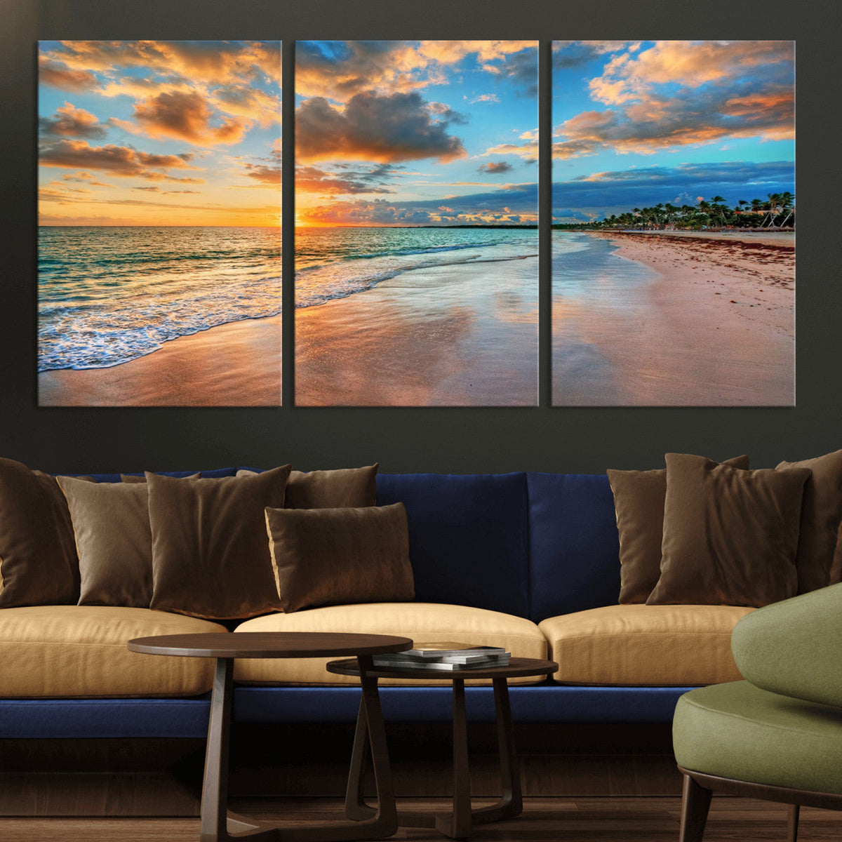 Sunset Beach Canvas Wall Art | Tropical Triptych Seascape Print