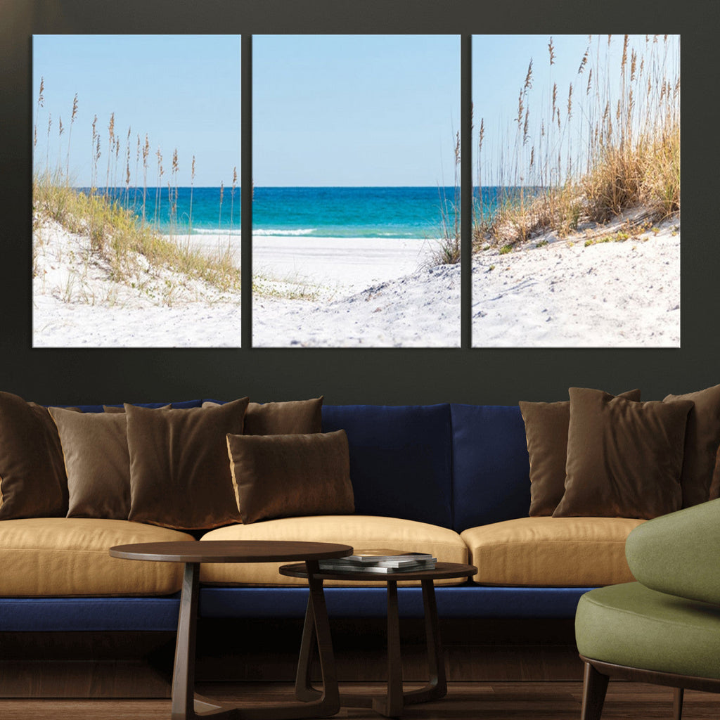 Serene Coastal Dune Path with Ocean View, 3-Panel Beach Canvas Wall Art