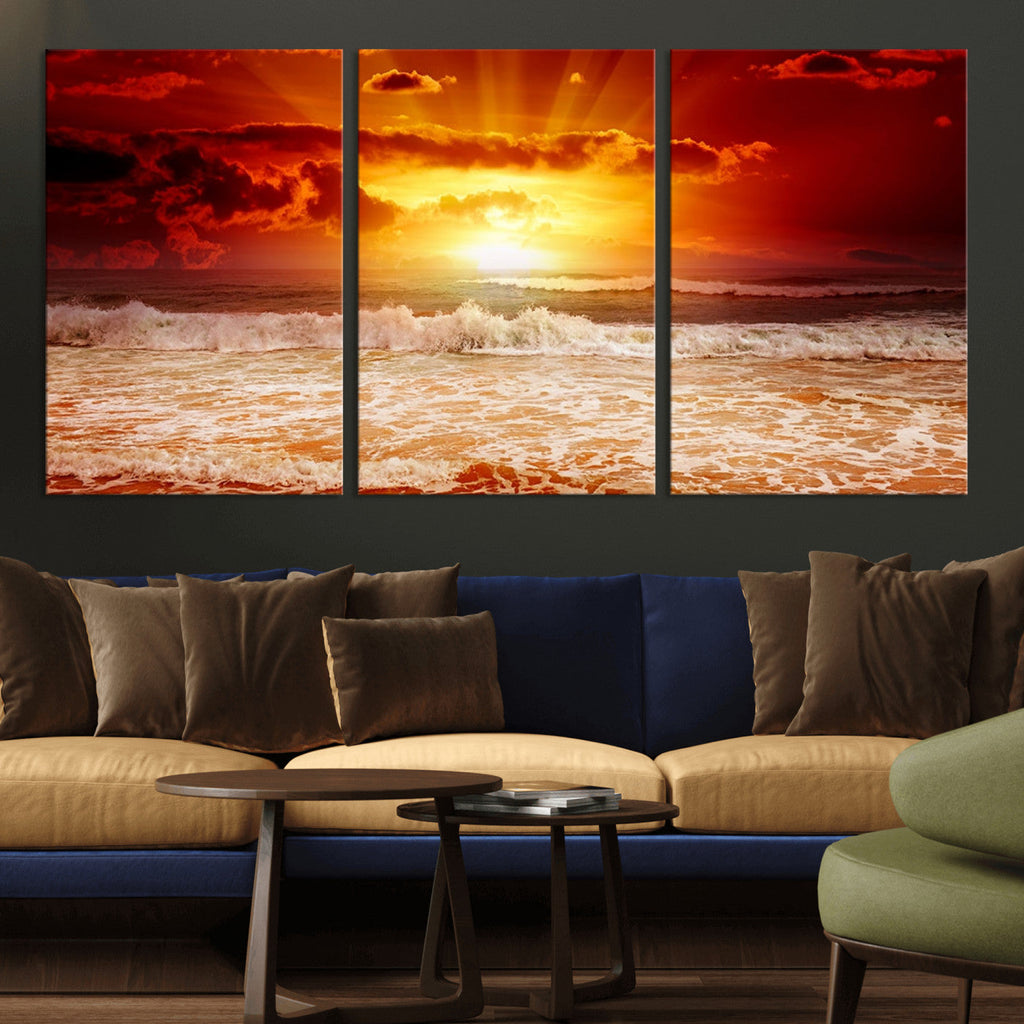Red Sunset Ocean Beach Canvas Wall Art, Coastal Sunset Print