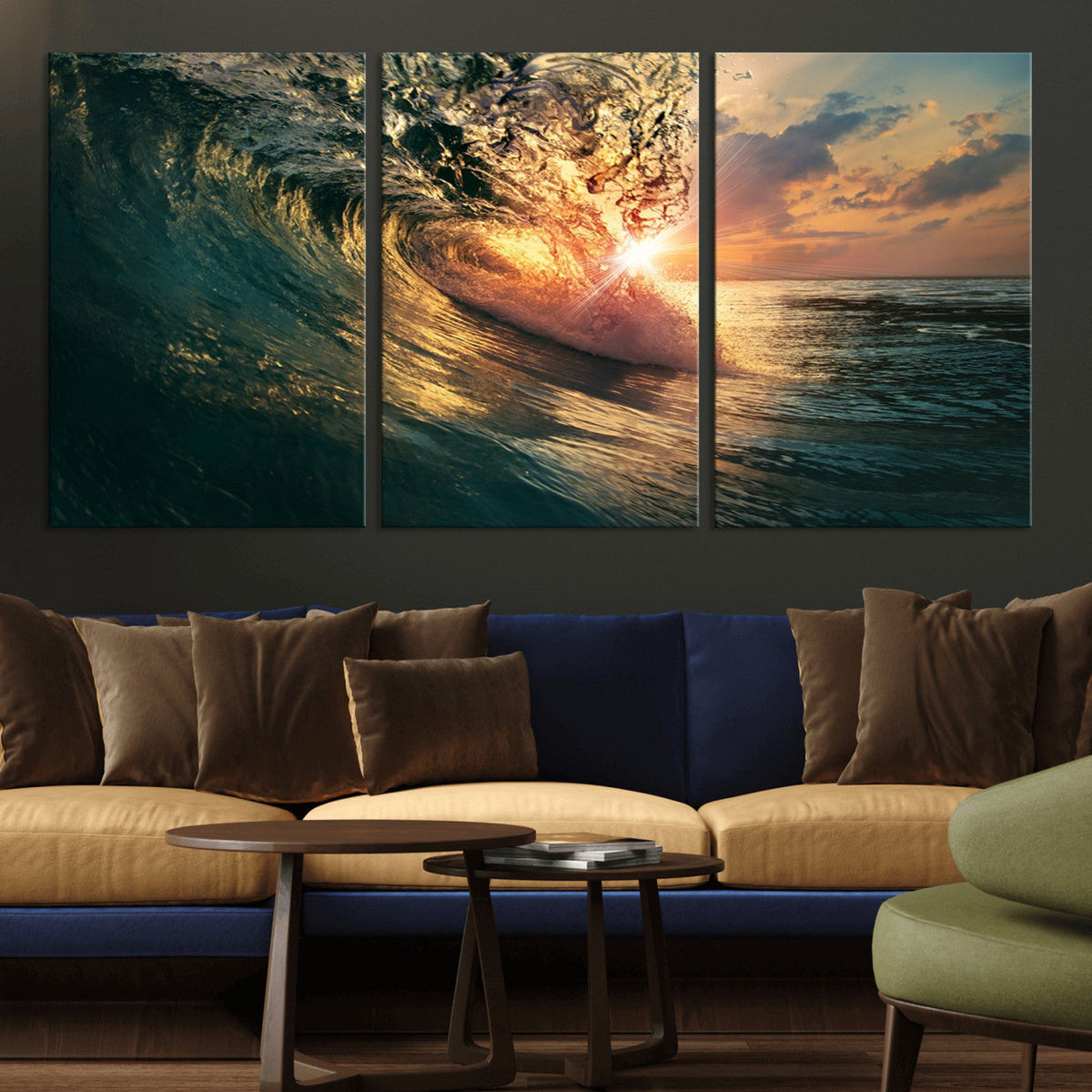 Ocean Wave Sunset Canvas Wall Art | Triptych Seascape Print