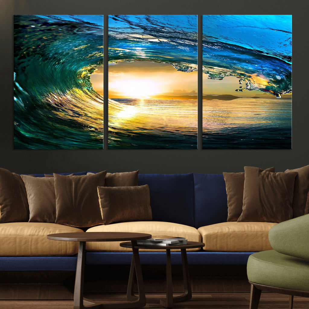 Ocean Wave at Sunset Canvas Art, Large Wall Print of Vibrant Surfing Wave