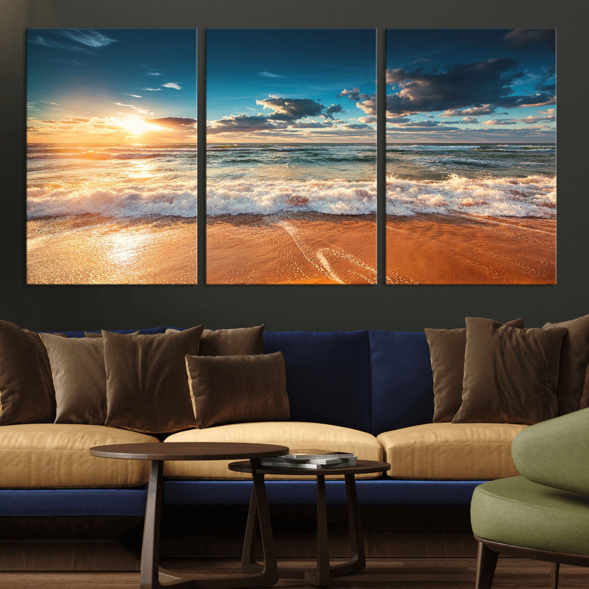 Golden Sunset Beach Triptych Canvas Art, Giclee Coastal Wall Decor, Ocean Waves Print