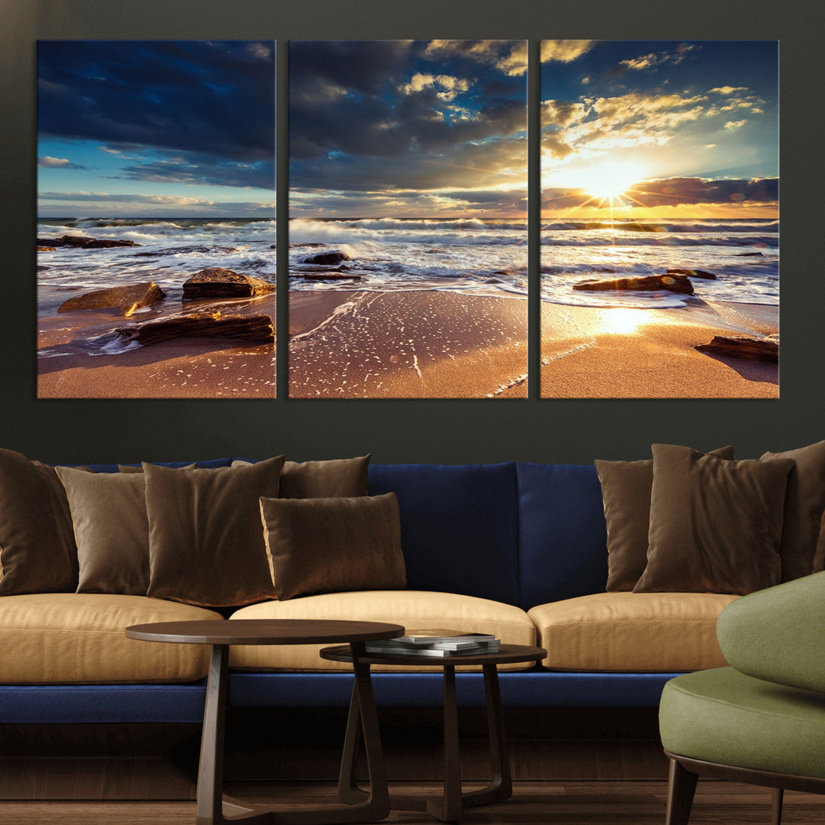 Golden Hour Beach Sunset Canvas Triptych, Ocean Waves and Rocks Wall Art