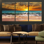 Golden Sunset Beach Canvas Wall Art | Triptych Seascape Print, Framed and Ready to Hang