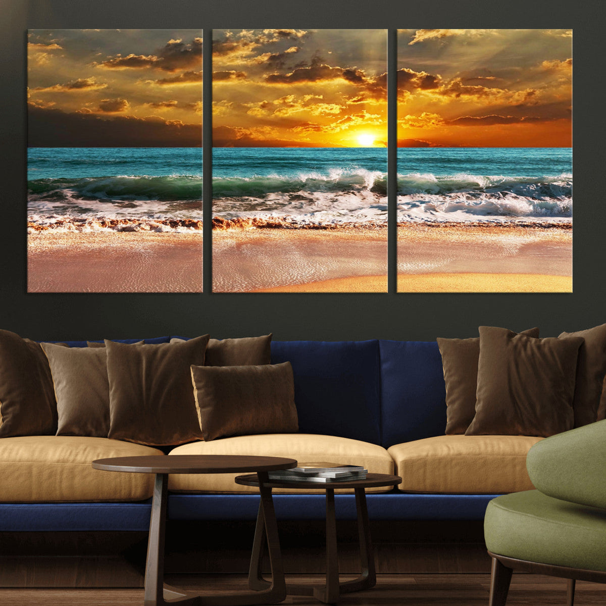 Golden Sunset Beach Canvas Wall Art | Triptych Seascape Print, Framed and Ready to Hang