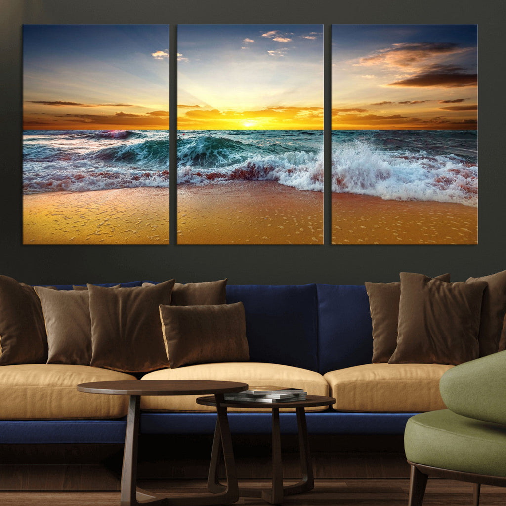Golden Sunset Ocean Waves Wall Art Canvas Print | Multi Panel Beach Canvas Set, Coastal Triptych
