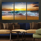 Golden Sunset Ocean Waves Wall Art Canvas Print | Multi Panel Beach Canvas Set, Coastal Triptych