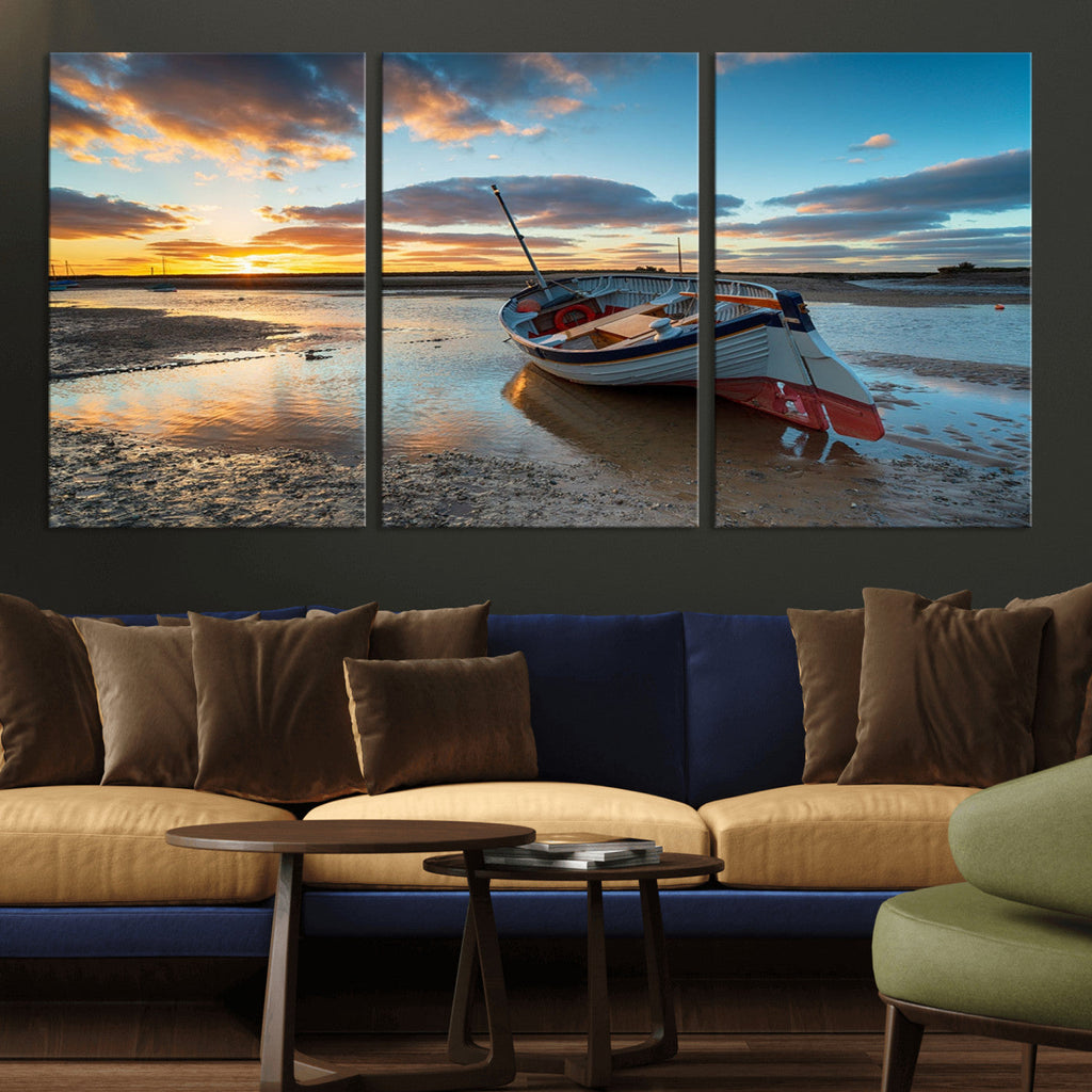 Small Boat At The Beach Sunset Wall Art, Boat Sunset Wall Art Canvas Print
