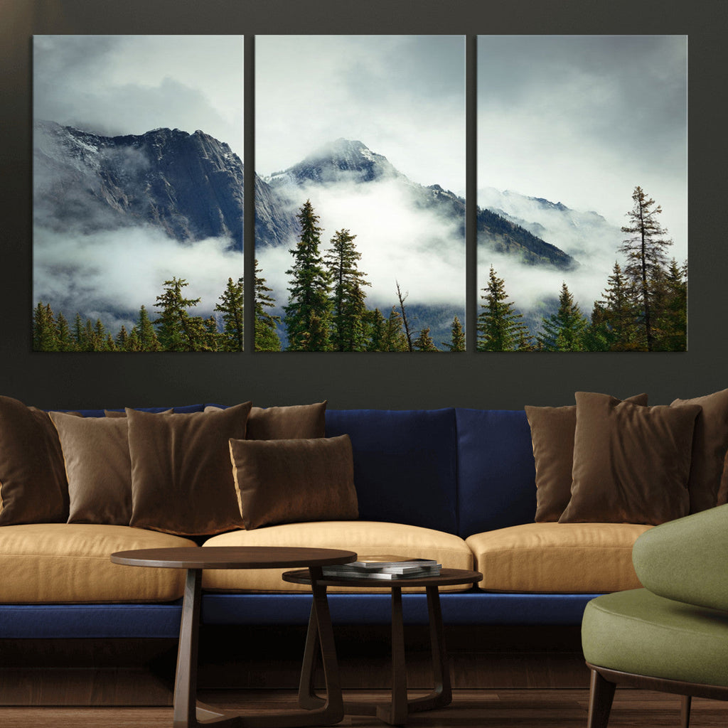 Mountain Mist Canvas Wall Art Print | 3-Panel Foggy Forest and Mountain Landscape