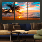 Palm Tree Sunset On The Beach Wall Art Canvas, Framed Palm Tree Sunset Canvas Print