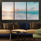 Tranquil Ocean Beach Sunset Canvas Wall Art | 3-Panel Coastal Decor