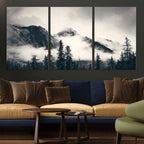 Forest Mountain Print | Black and White Canvas Wall Art with Misty Forest Design