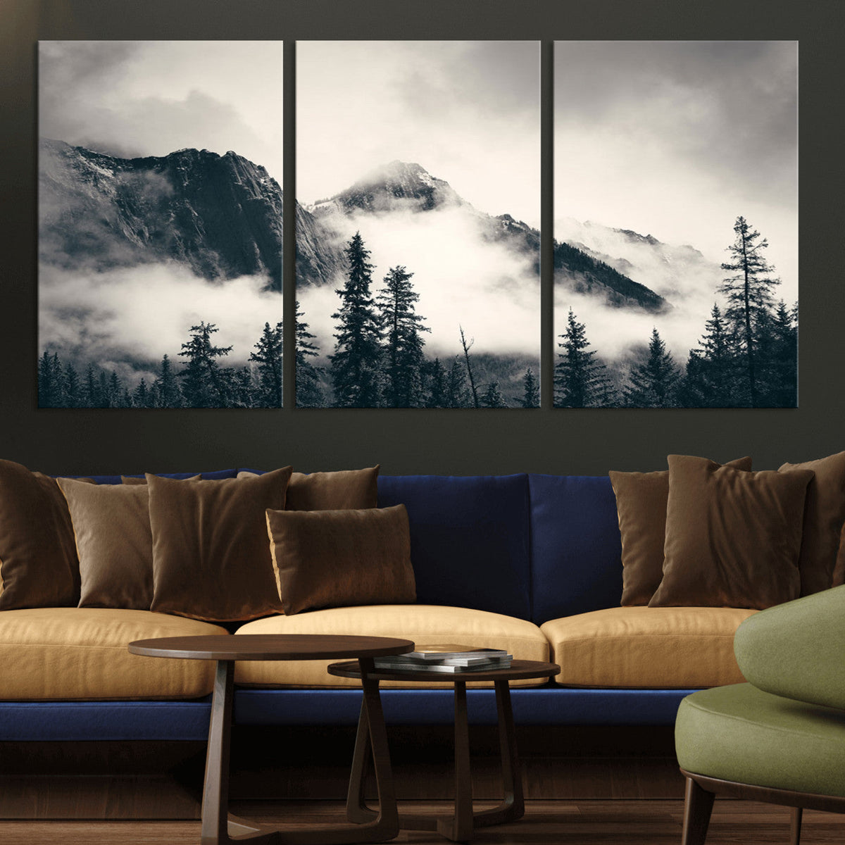 Forest Mountain Print | Black and White Canvas Wall Art with Misty Forest Design