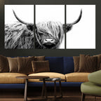 Black White Scottish Highland Cow Cattle Art Print Farmhouse Decor