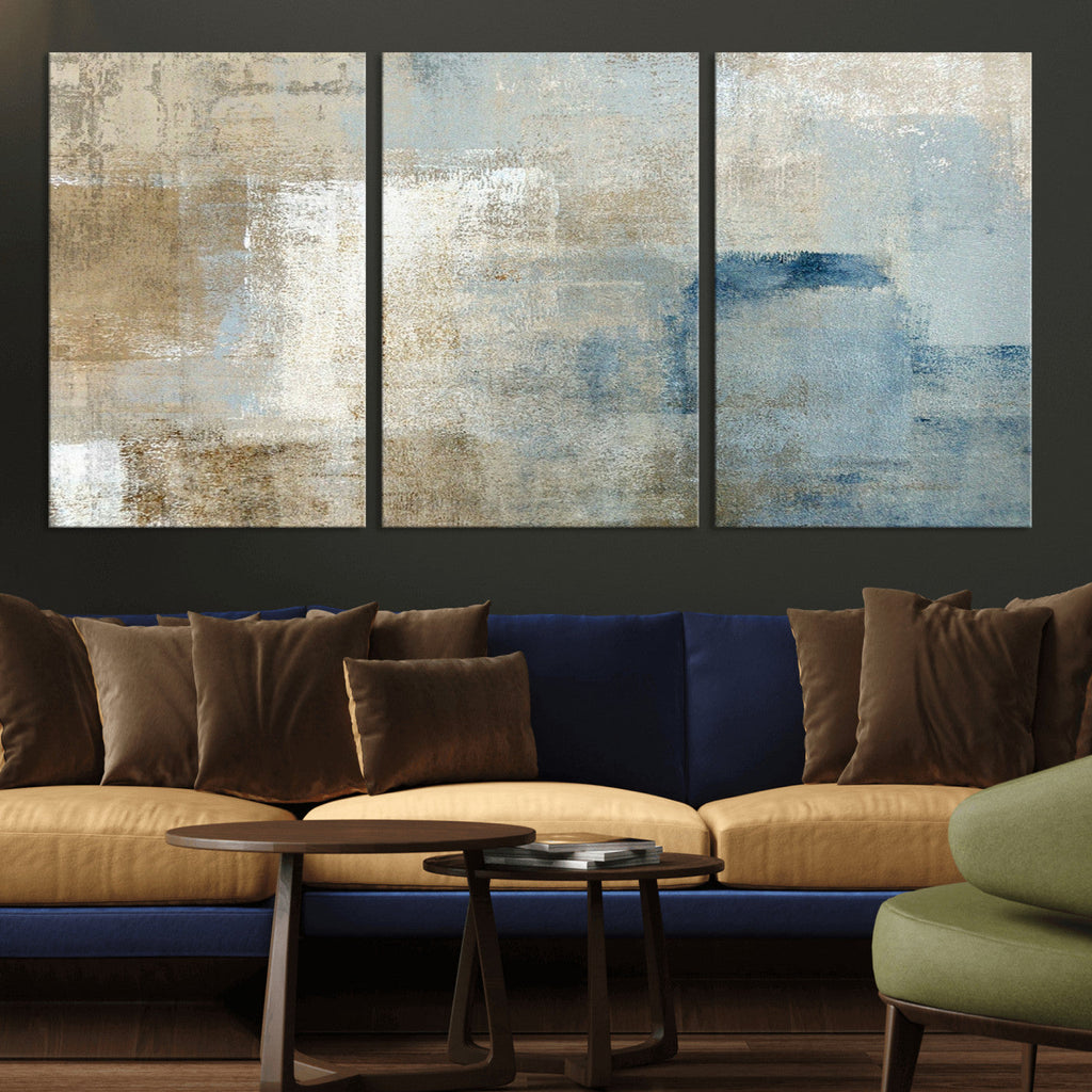 Abstract Blue and Beige Wall Art, Modern Minimalist Canvas Print Set