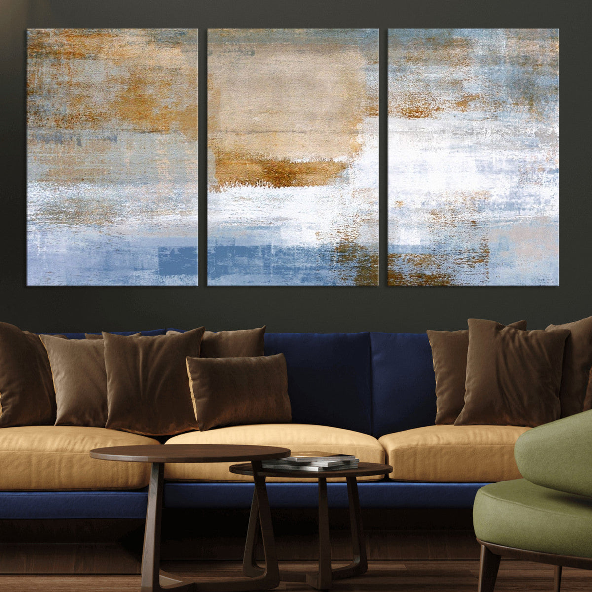 Blue Multi Panel Abstract Wall Art Canvas, Abstract Blue and Gold Canvas Print