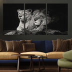 Lion Couple Wall Art Canvas Print, Elegant Black and White Wildlife Portrait