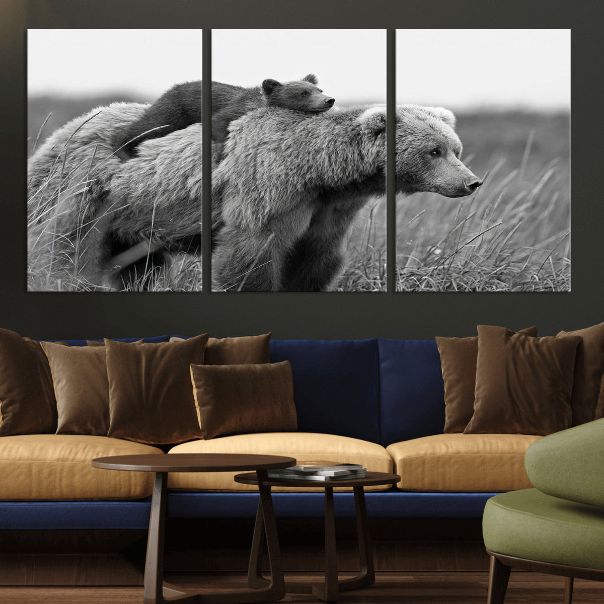 Bear and Cub Wall Art Canvas | Grizzly 399 Bear and Cub Black and White Wildlife Print