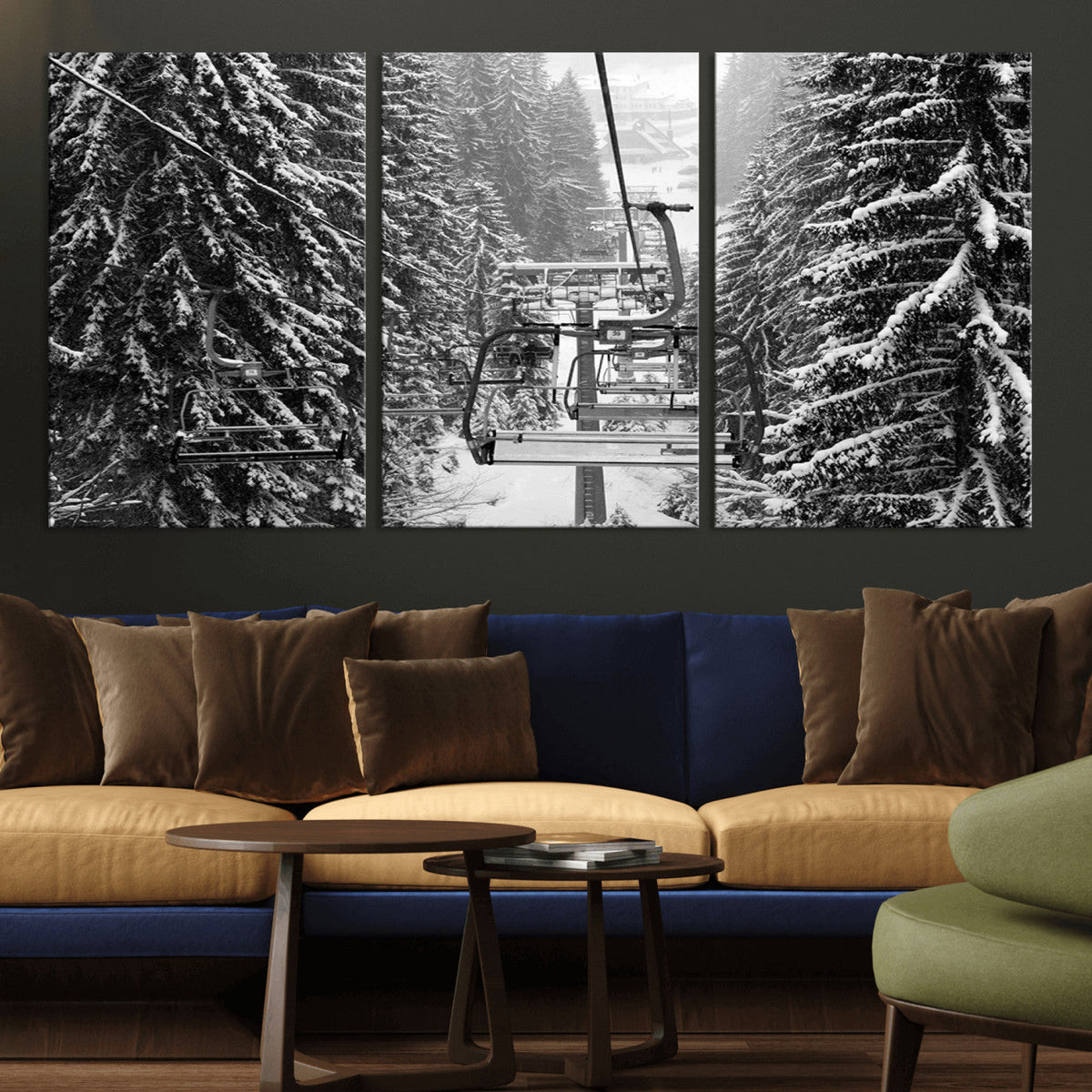 Winter Ski Lift Black and White Canvas Wall Art | Alpine Escape in Minimalist Style