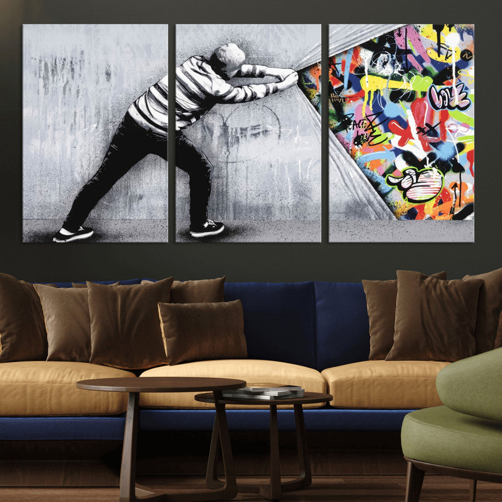 Banksy Art Behind the Curtain Street Wall Art Canvas Print | Urban Graffiti Style Wall Decor