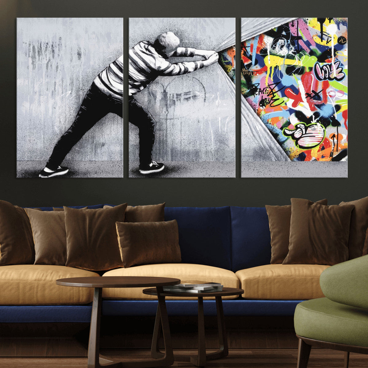 Banksy Art Behind the Curtain Street Wall Art Canvas Print | Urban Graffiti Style Wall Decor