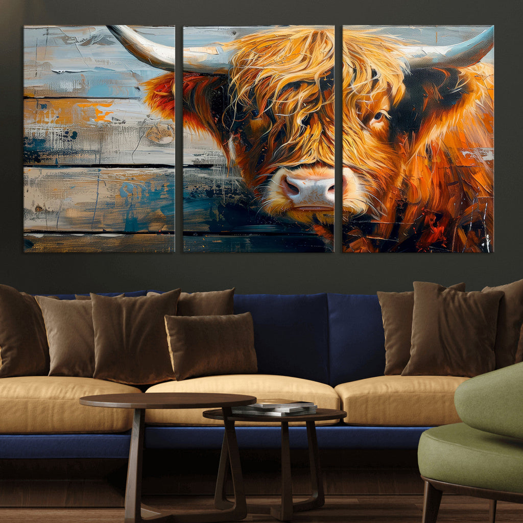 Highland Cow Abstract Canvas Wall Art, Bold Farmhouse Decor