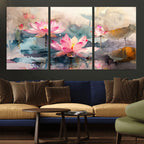 Lotus Flower Wall Art | 3 Panel Giclee Canvas Print of Pink Lotus Blossoms