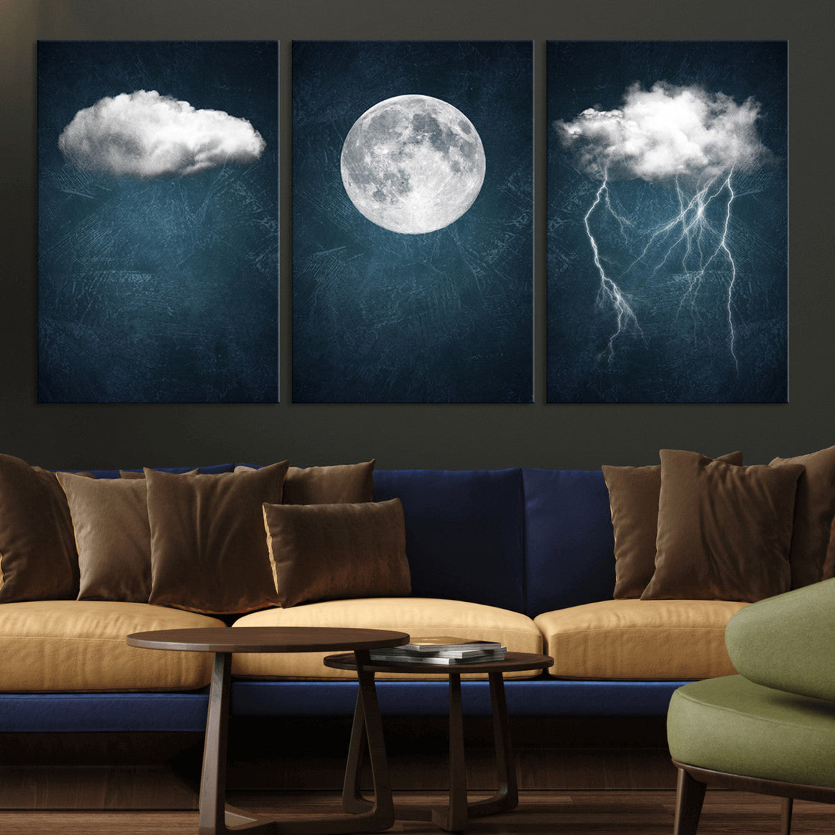3 Piece Indigo Cloud Wall Art, Thunderstorm Moon Cloud Artwork