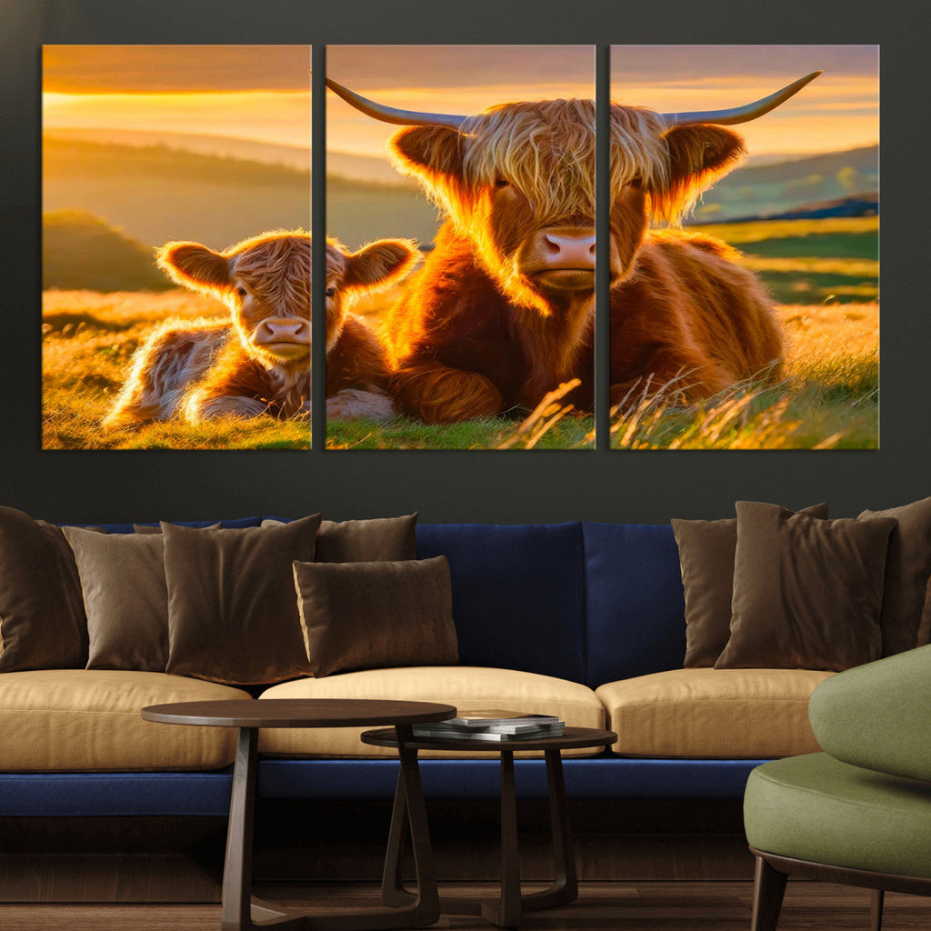 Scottish Cow and Baby Cow Canvas Wall Art Animal Print