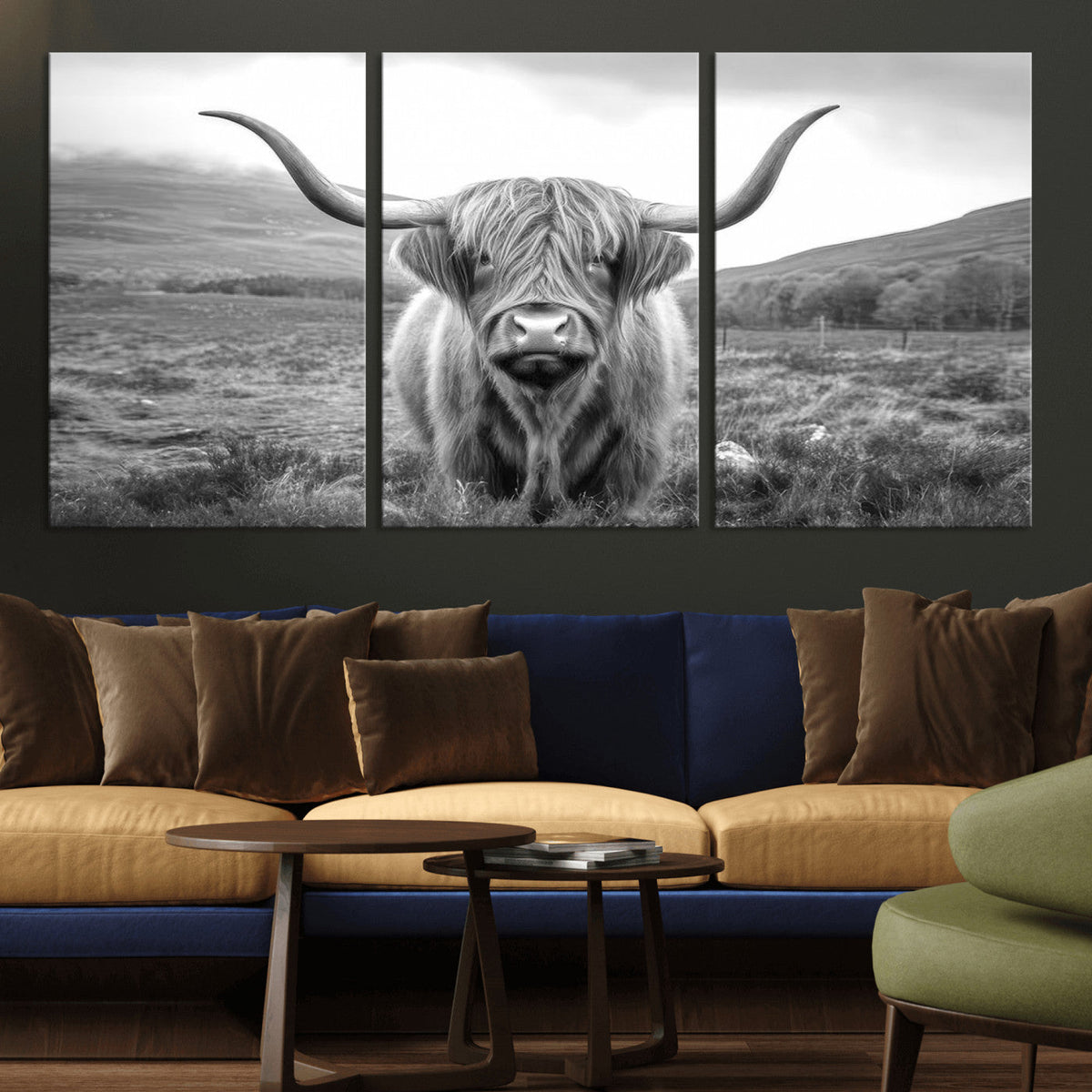 Black White Scottish Highland Cow Canvas Farm Wall Art